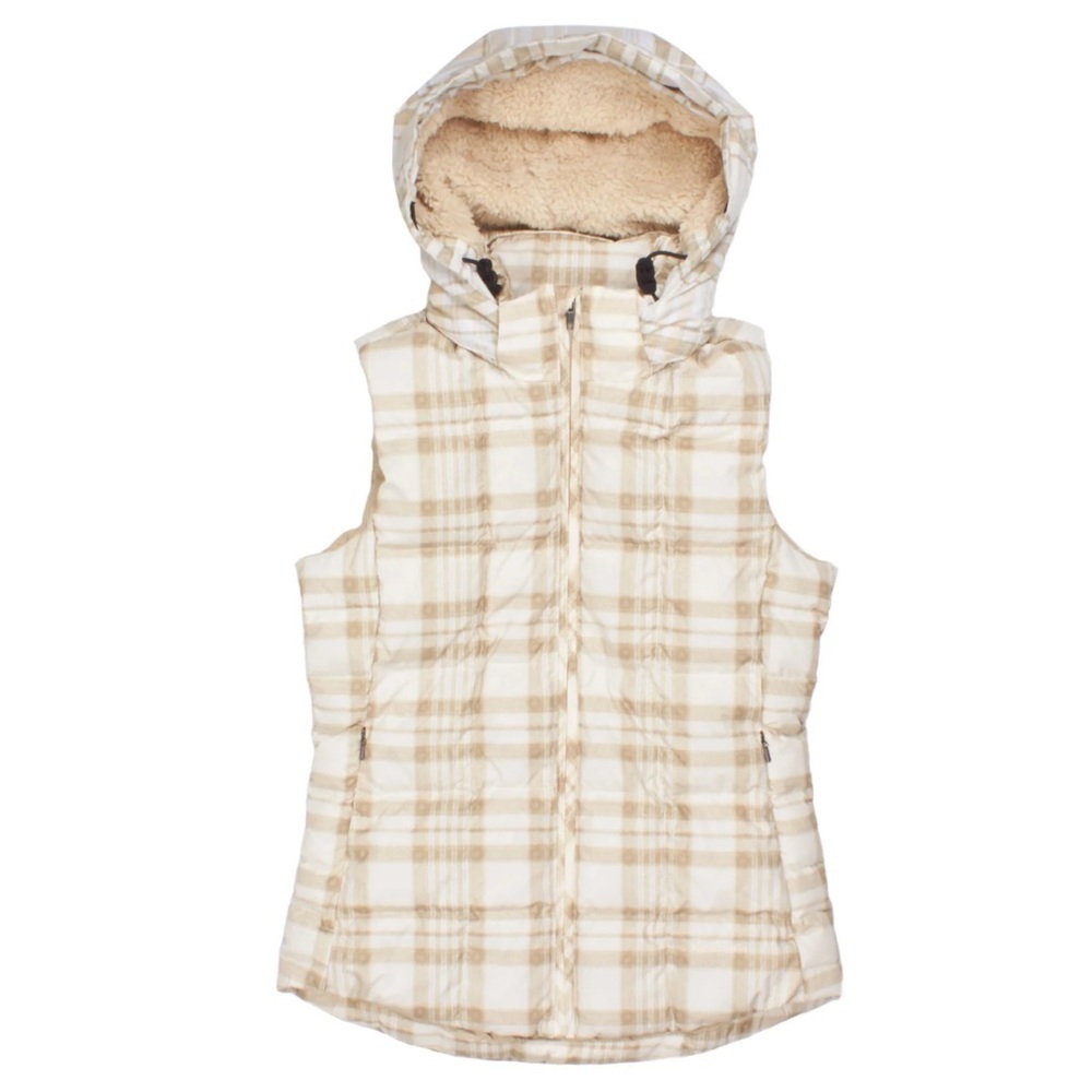 Patagonia Wooly Plaid in Raw Linen Neutral Color Hood Vest Puffer Size Medium - Picture 1 of 11